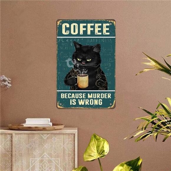 Retro Cat Coffee Metal Sign Vintage Kitchen Signs Wall Decor Because Murder - Picture 5 of 7